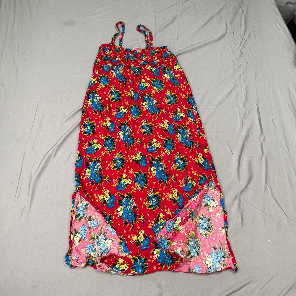 Island Planet Miami Beach Womens Floral Maxi Dress Red Smocked Tropical OSFM